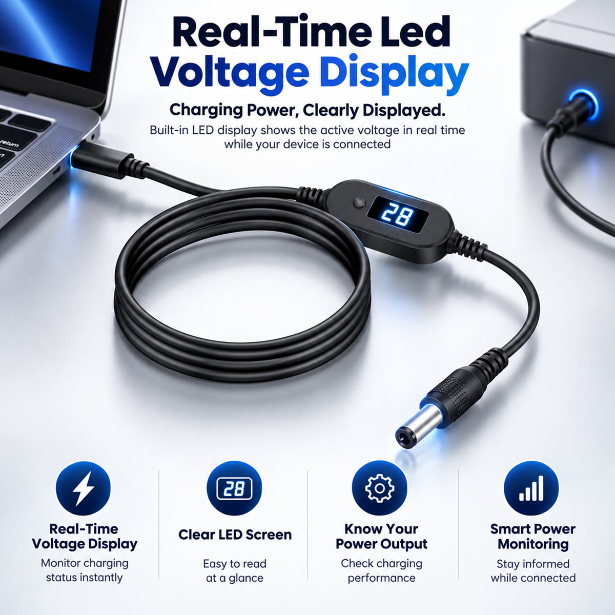 TECPHILE PD 140W USB C to DC Power Cable & Adapter with Digital Display
