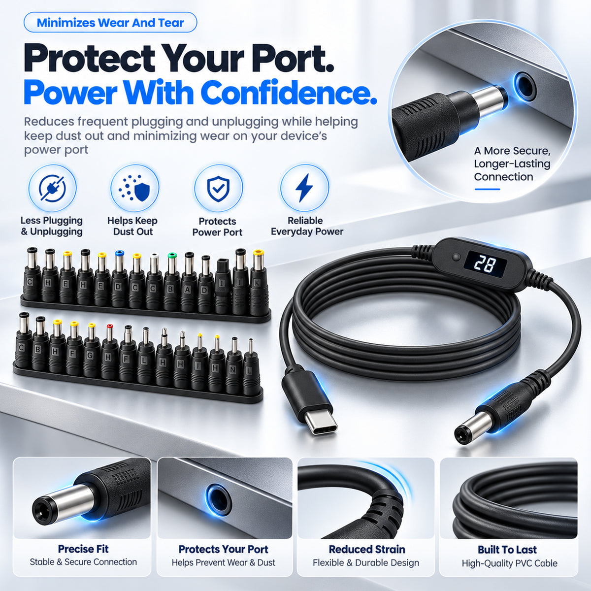 TECPHILE PD 140W USB C to DC Power Cable & Adapter with Digital Display