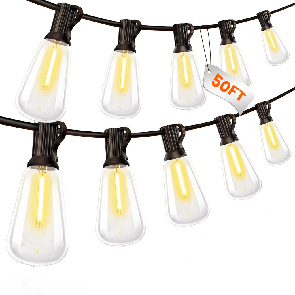 TECPHILE ST38 50ft outdoor string lights with waterproof and shatterproof bulbs, ideal for patios and garden lighting setups.