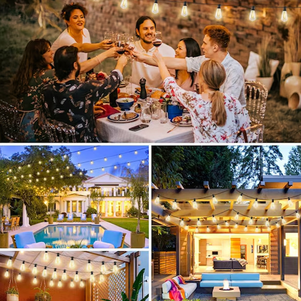 TECPHILE ST38 outdoor string lights illuminating backyard gatherings, ideal for parties, weddings, and evening entertainment.