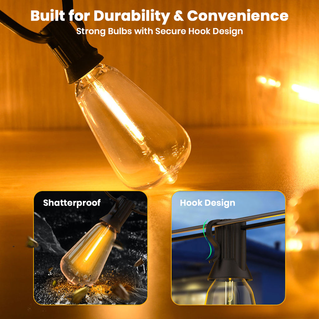 TECPHILE – ST38 50ft Outdoor String Lights Waterproof & Shatterproof Bulbs