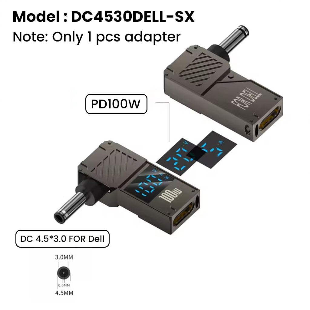 TECPHILE DC4530DELL-SX adapter with 100W PD input and digital display, includes 4.5x3.0mm DC plug for Dell laptops, compact and efficient.