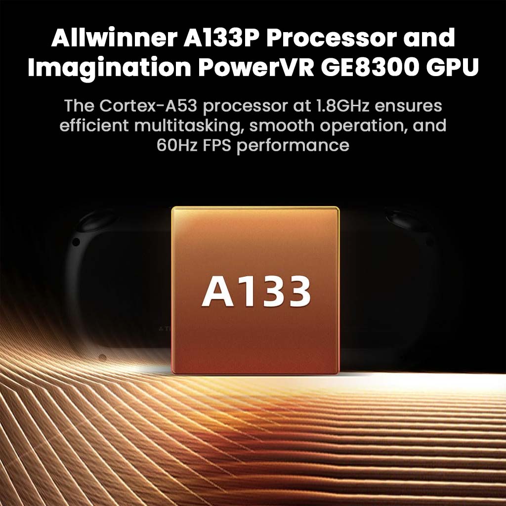 TRIMUI Smart Pro gaming console powered by Allwinner A133P processor and Imagination PowerVR GE8300 GPU, ensuring smooth 60Hz FPS performance.