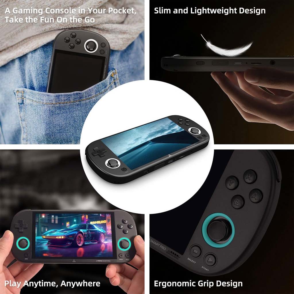 TRIMUI Smart Pro handheld console with a slim, lightweight design, ergonomic grip, and pocket-friendly portability for gaming on the go.