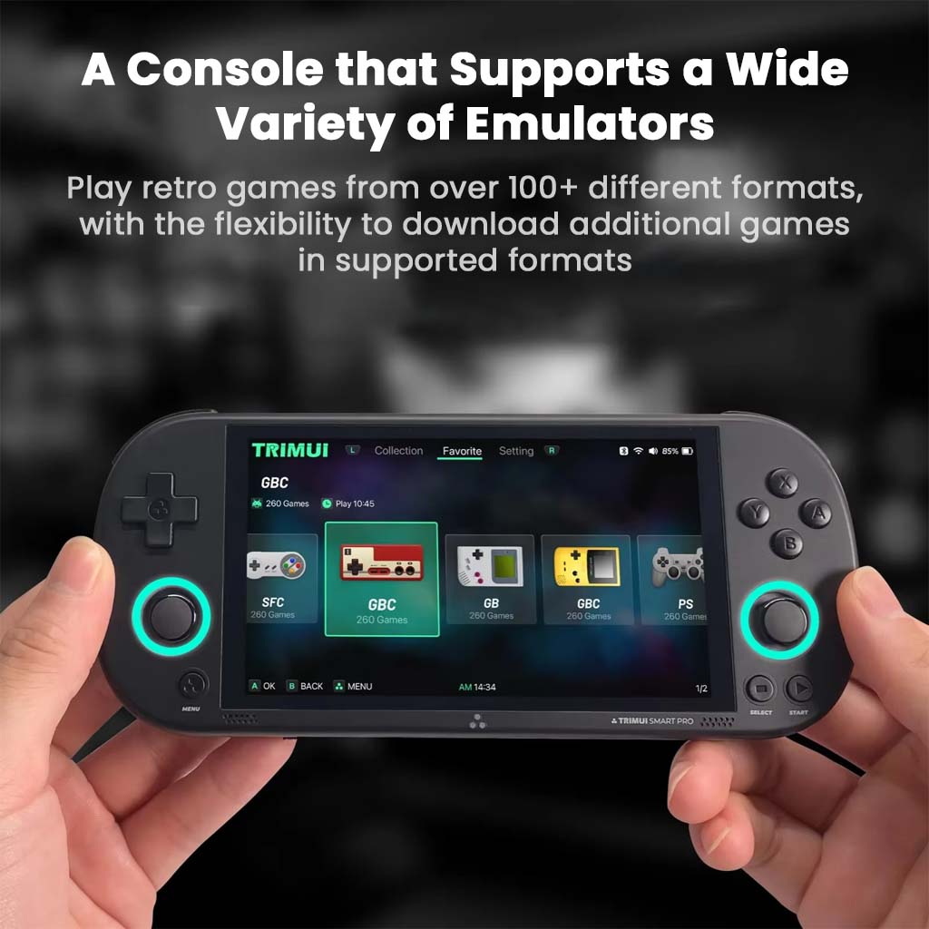 TRIMUI Smart Pro console supporting over 100+ emulator formats, allowing users to play and download a wide variety of retro games effortlessly.