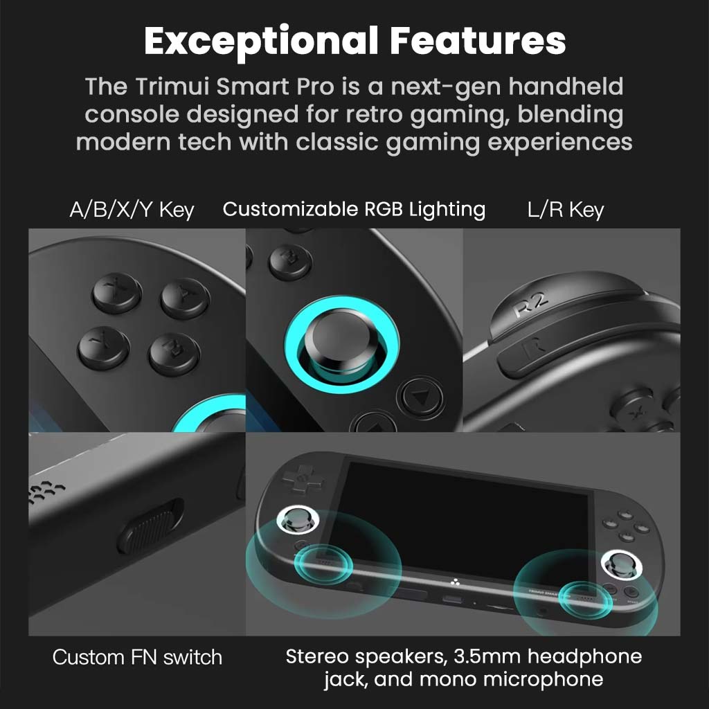 TRIMUI Smart Pro handheld console featuring customizable RGB lighting, stereo speakers, 3.5mm headphone jack, and a mono microphone for enhanced gaming.