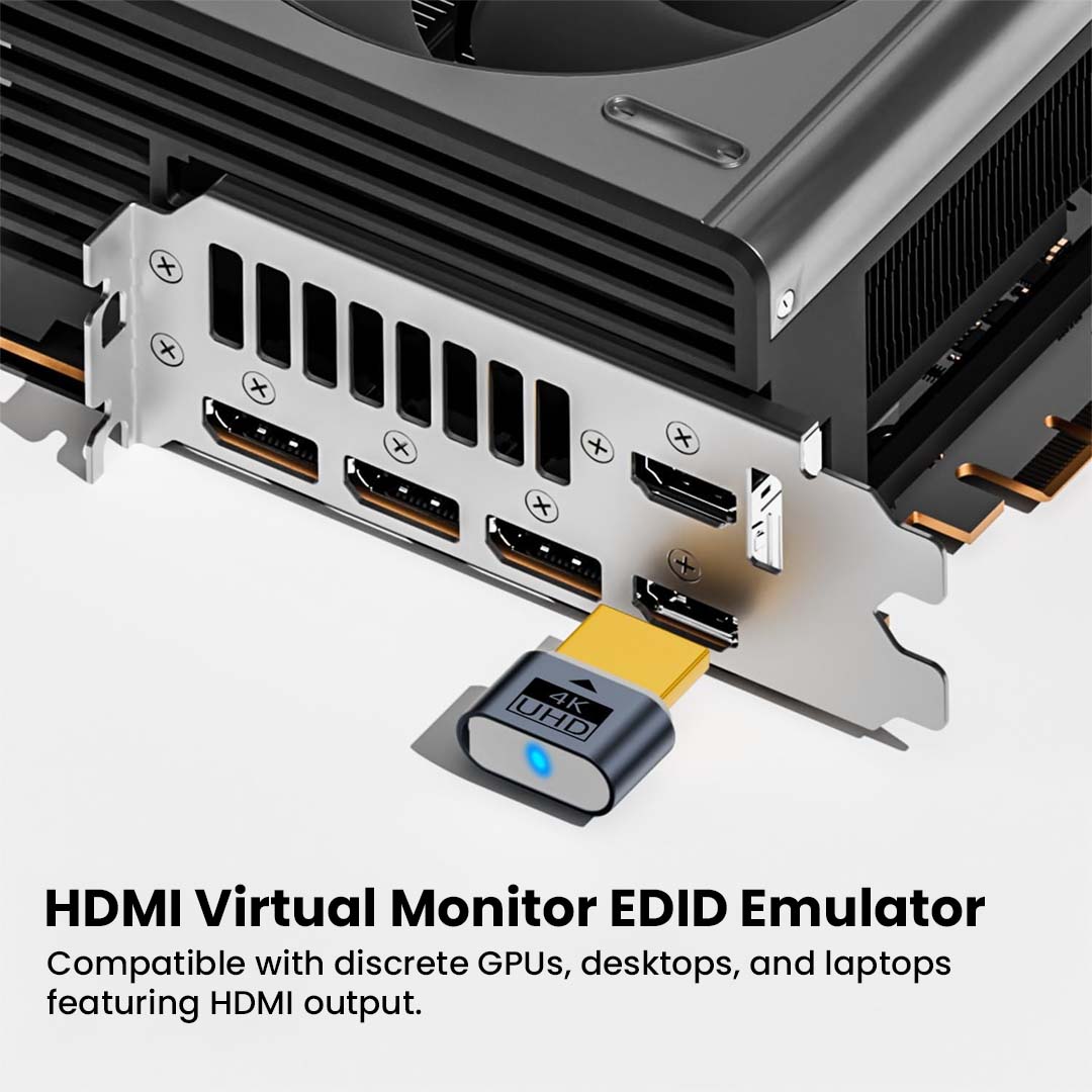 TECPHILE HDMI Dummy Plug connected to GPU HDMI port, acting as a virtual monitor EDID emulator for desktops and discrete graphics cards.