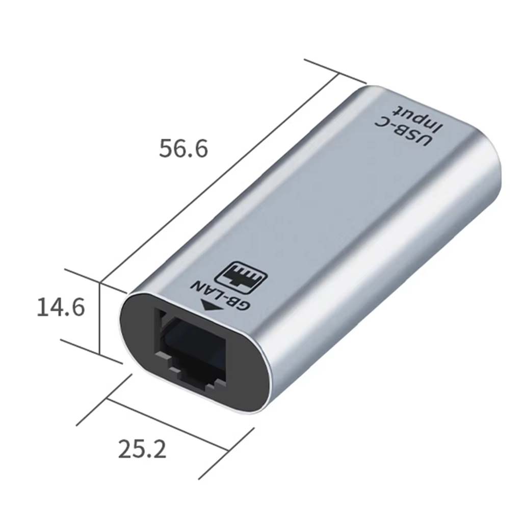 TECPHILE Type-C to Ethernet Adapter dimensions: 56.6mm length, 25.2mm width, and 14.6mm height for compact portability.