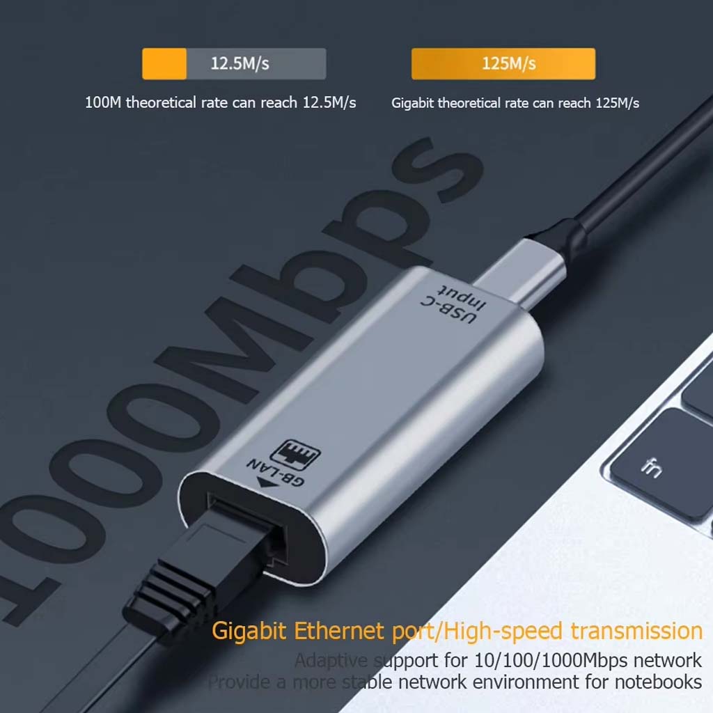 TECPHILE Gigabit Ethernet Adapter with USB-C input supports 100/1000Mbps speeds for stable, high-speed data transmission.
