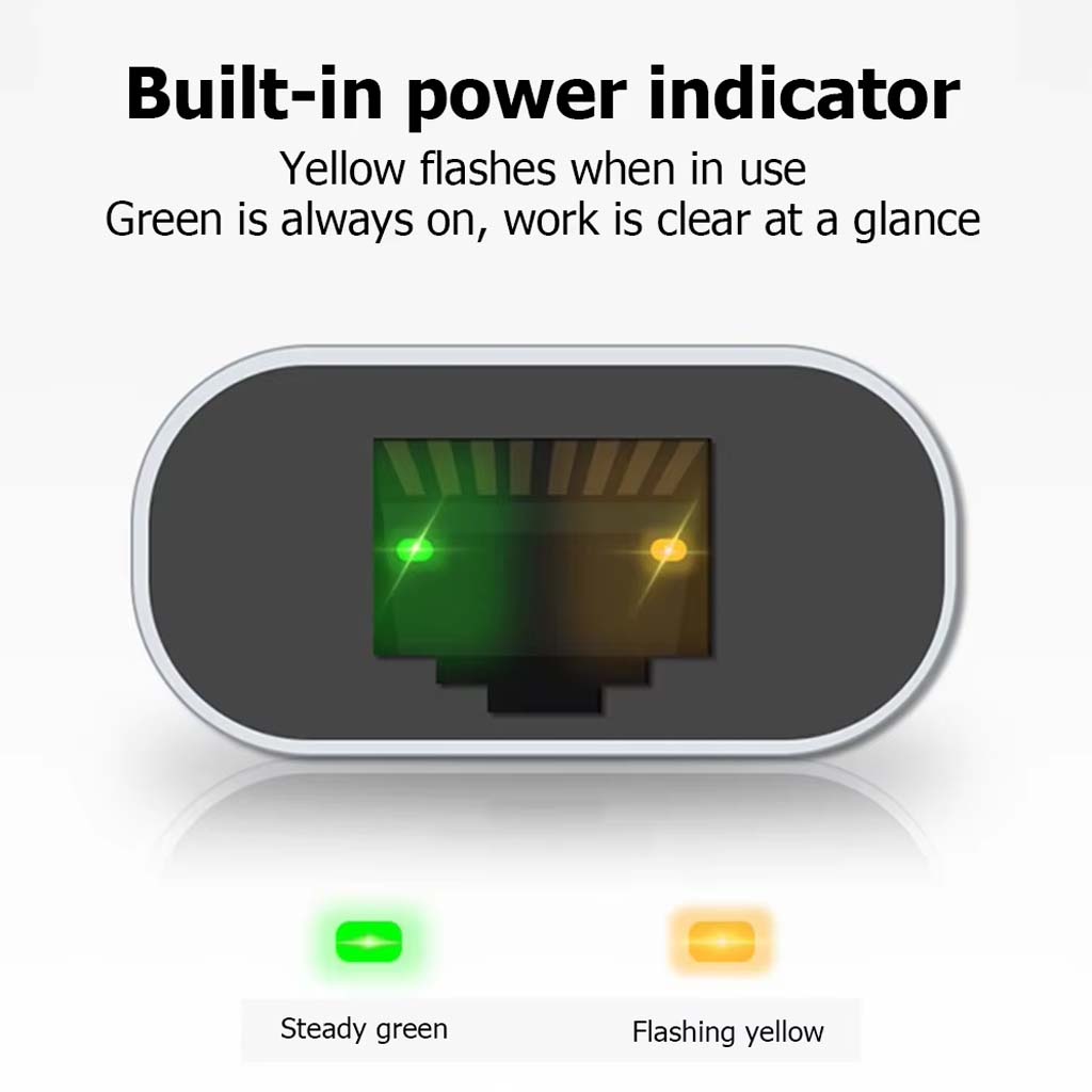 Close-up of TECPHILE Adapter’s Ethernet port showing built-in power indicator with green and yellow LED status lights.