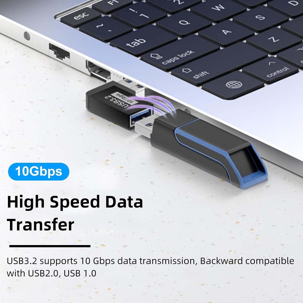 TECPHILE USB 3.2 OTG Adapter supports 10Gbps high-speed data transfer, compatible with USB 2.0 and 1.0 for seamless device integration.