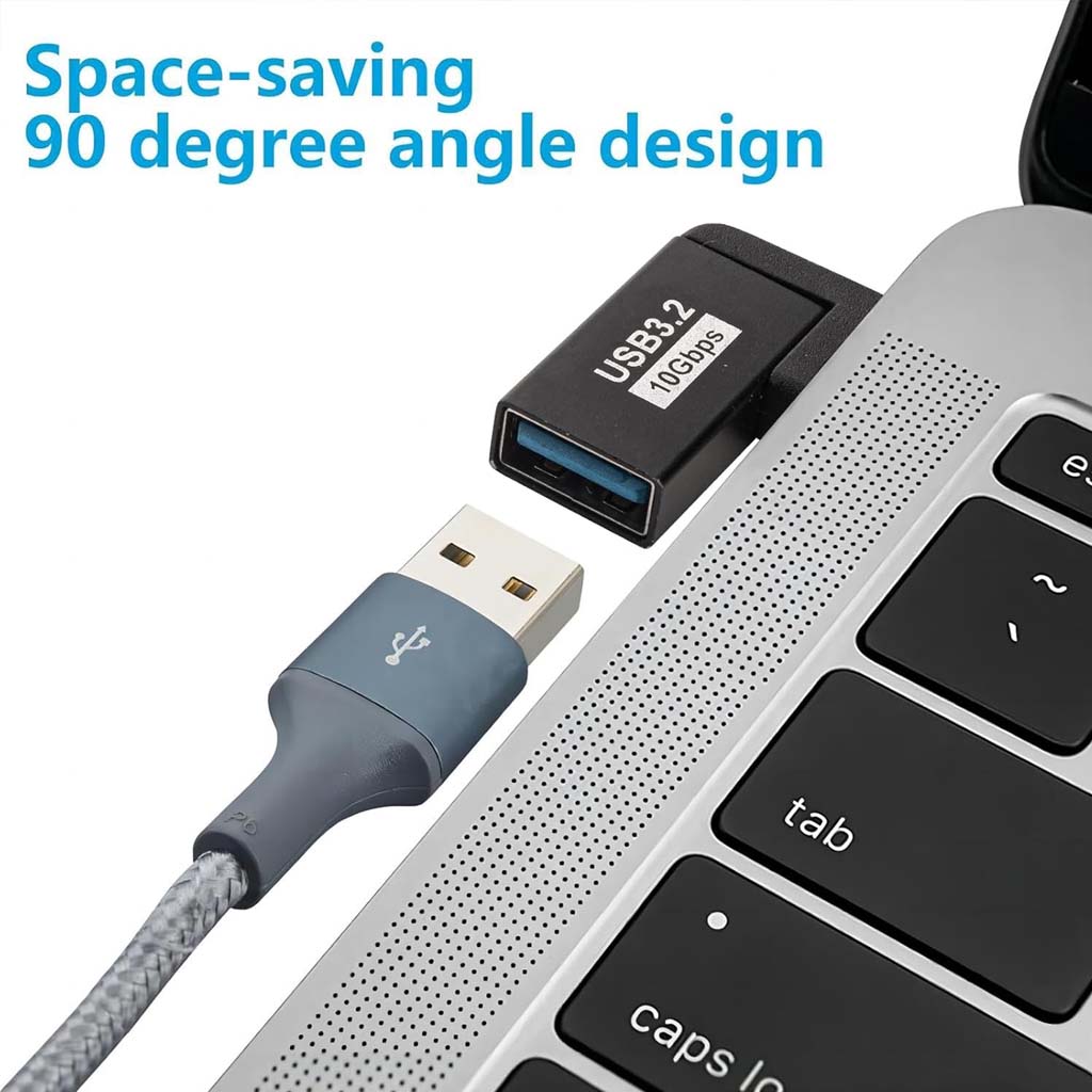 TECPHILE USB OTG Adapter features a 90-degree angle design for space-saving connectivity and easy access to USB ports on laptops.
