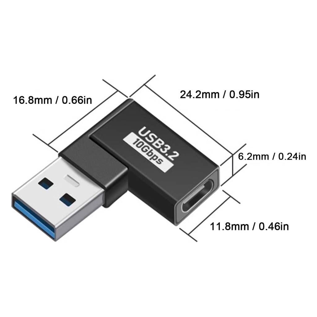 TECPHILE USB OTG Adapter dimensions detailed for compact design, featuring USB-A male to USB-C female 10Gbps connectivity.