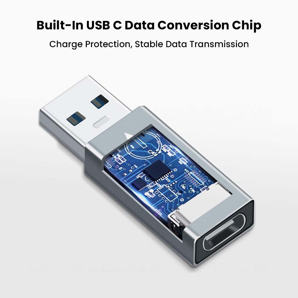 TECPHILE USB-C to USB-A Adapter featuring built-in data conversion chip for stable transmission and charge protection.