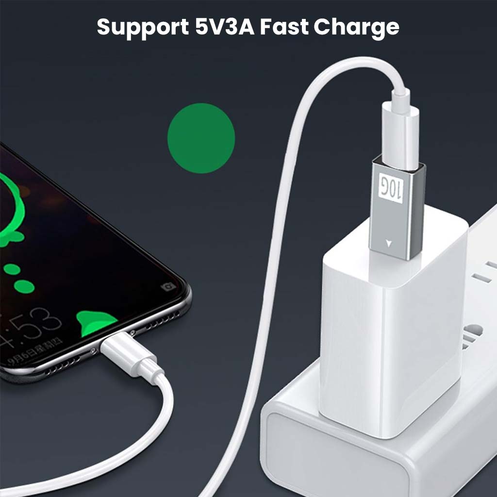 TECPHILE USB Adapter supports 5V3A fast charging, shown connected to a smartphone and wall charger for efficient power delivery.