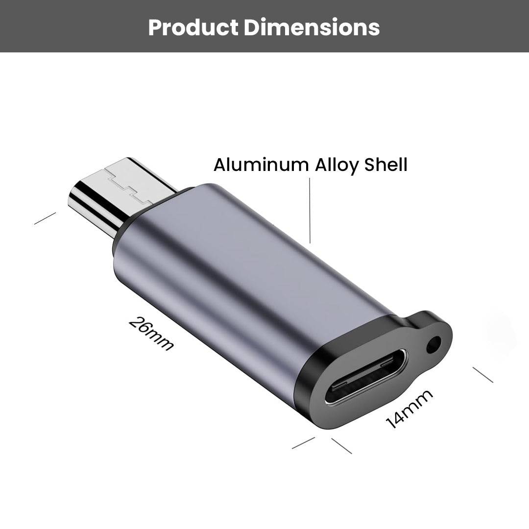 TECPHILE USB-C OTG Adapter with aluminum alloy shell, measuring 26mm by 14mm, ideal for compact and durable connectivity solutions.