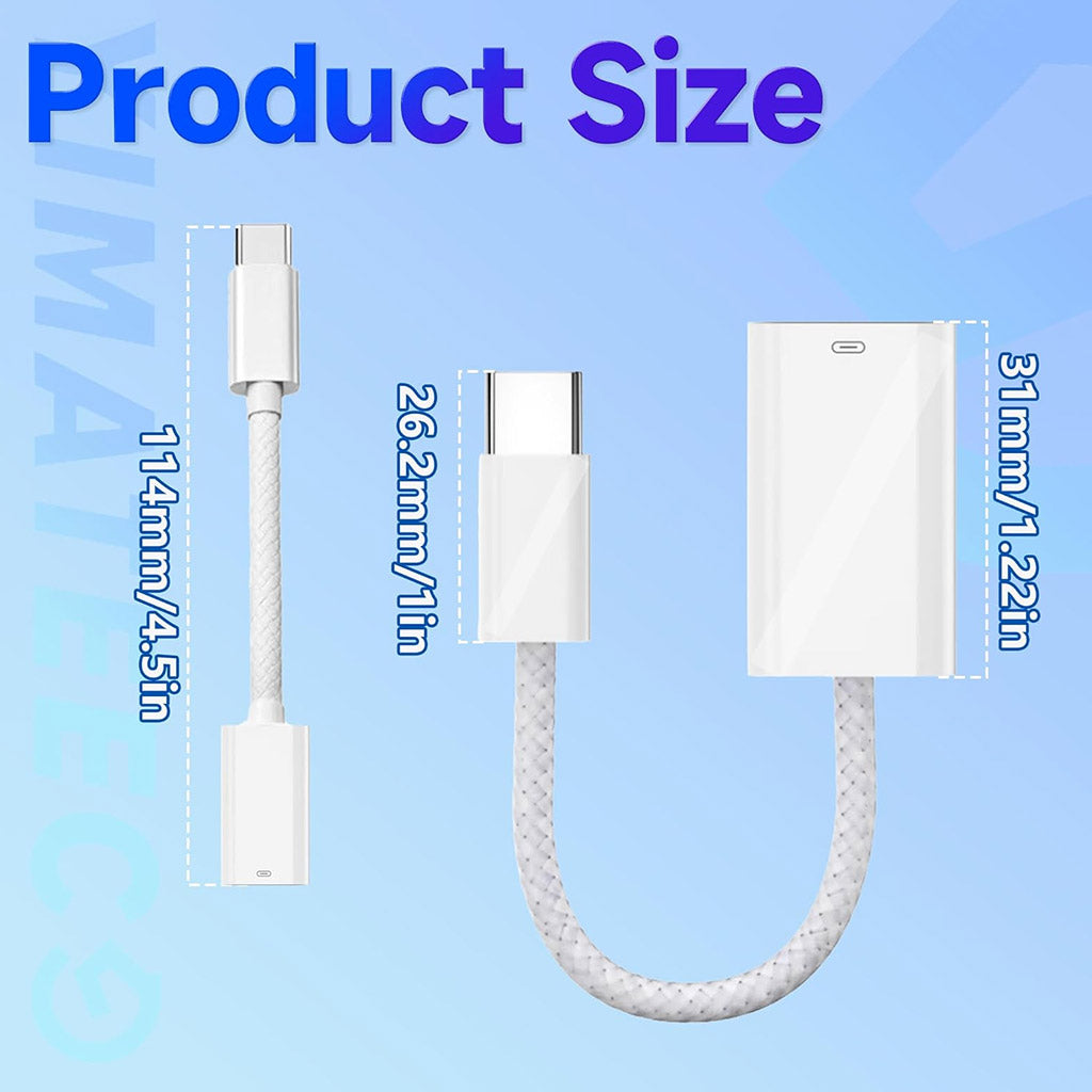 TECPHILE Lightning Adapter Cable dimensions shown with 114mm total length and compact Type-C and Lightning connectors for easy portability.