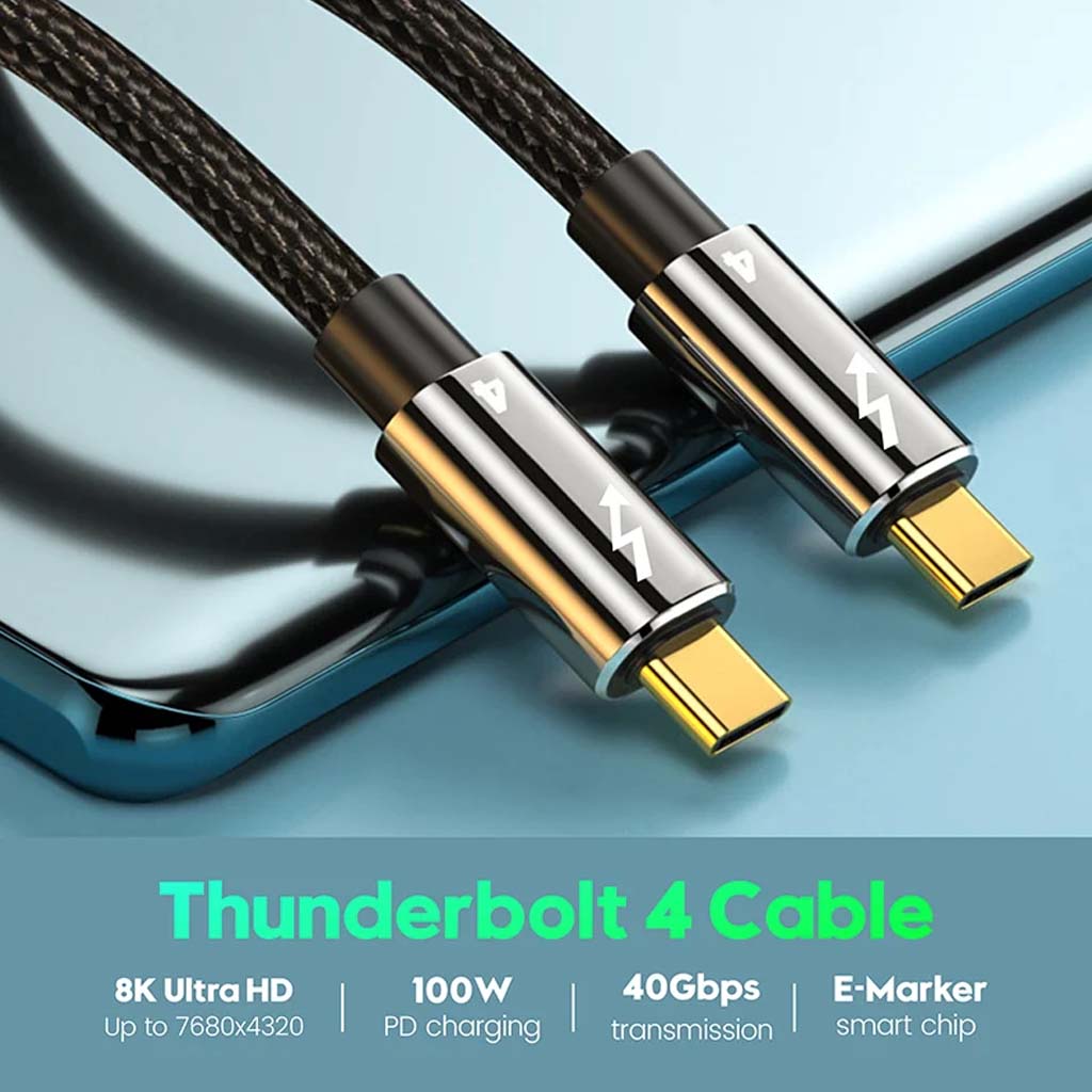 TECPHILE 100W Type-C to Type-C cable supports 8K Ultra HD, 100W PD charging, and 40Gbps transmission with E-Marker chip for laptops and tablets.