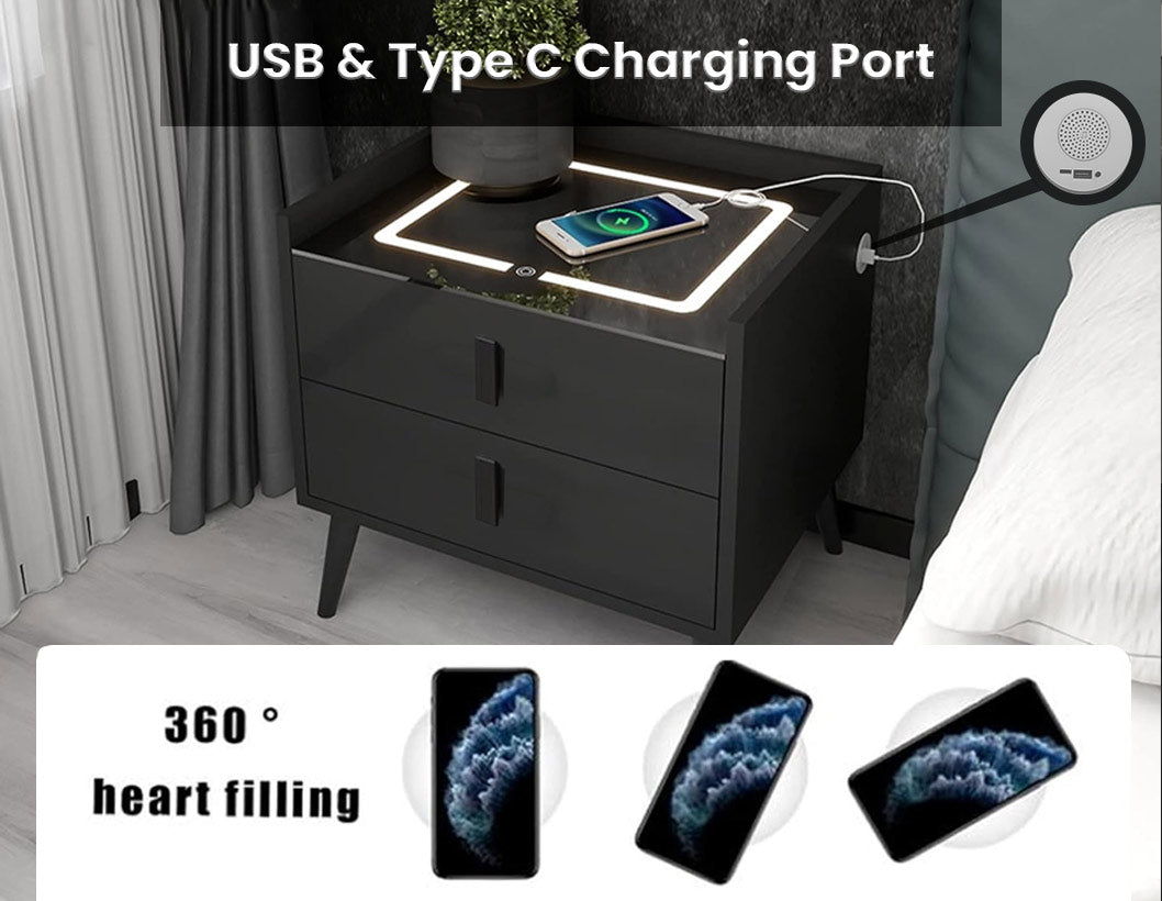 TECPHILE - Smart Side Table with Wireless Charging Station (Nightstand)