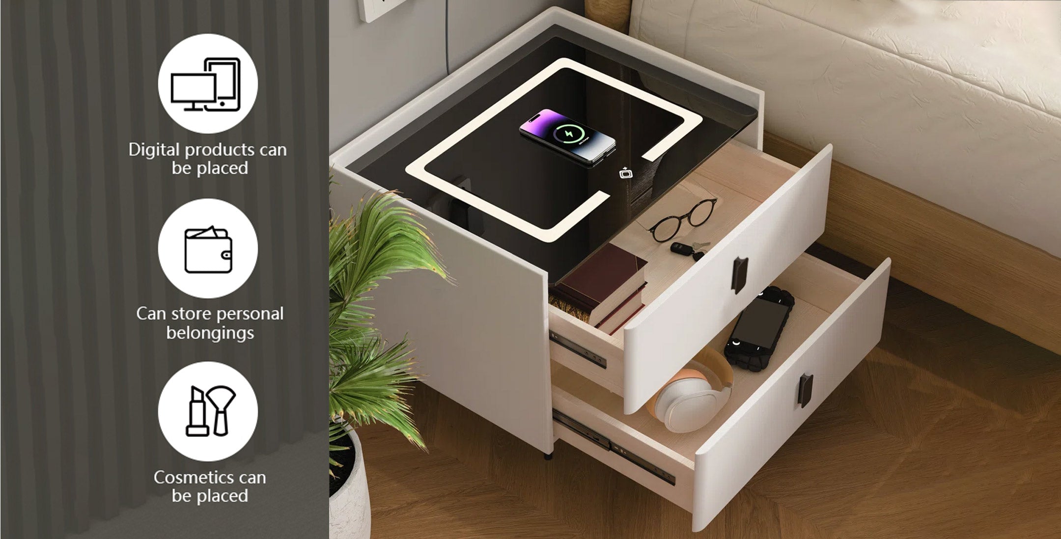 TECPHILE - Smart Side Table with Wireless Charging Station (Nightstand)