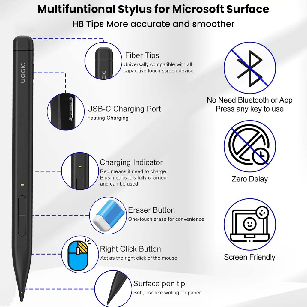 Multifunctional TECPHILE Uogic X1 Pro Stylus Pen with USB-C charging, fiber tips, eraser button, and zero delay for Microsoft Surface.