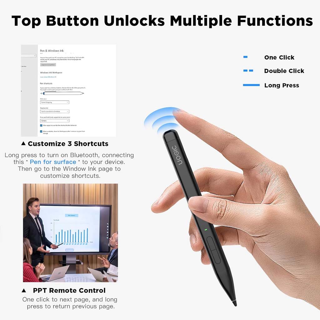 Top button of TECPHILE Uogic X1 Pro Stylus Pen enables multiple functions like shortcuts and PPT remote control for productivity.