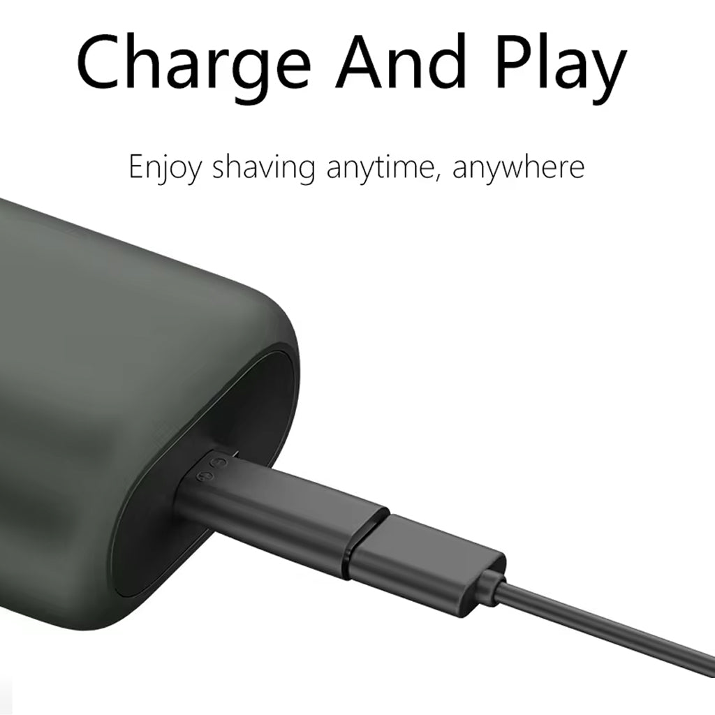 TECPHILE Adapter in use with electric shaver, demonstrating charge-and-play functionality for convenient grooming anytime.