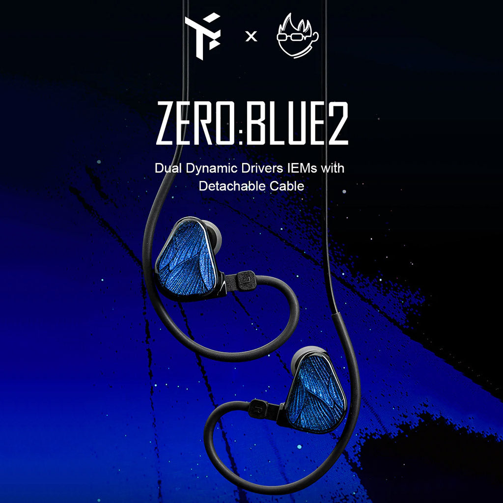 Truthear x Crinacle Zero: Blue2 IEMs with detachable cable shown in promotional graphic highlighting dual dynamic drivers and stylish design.