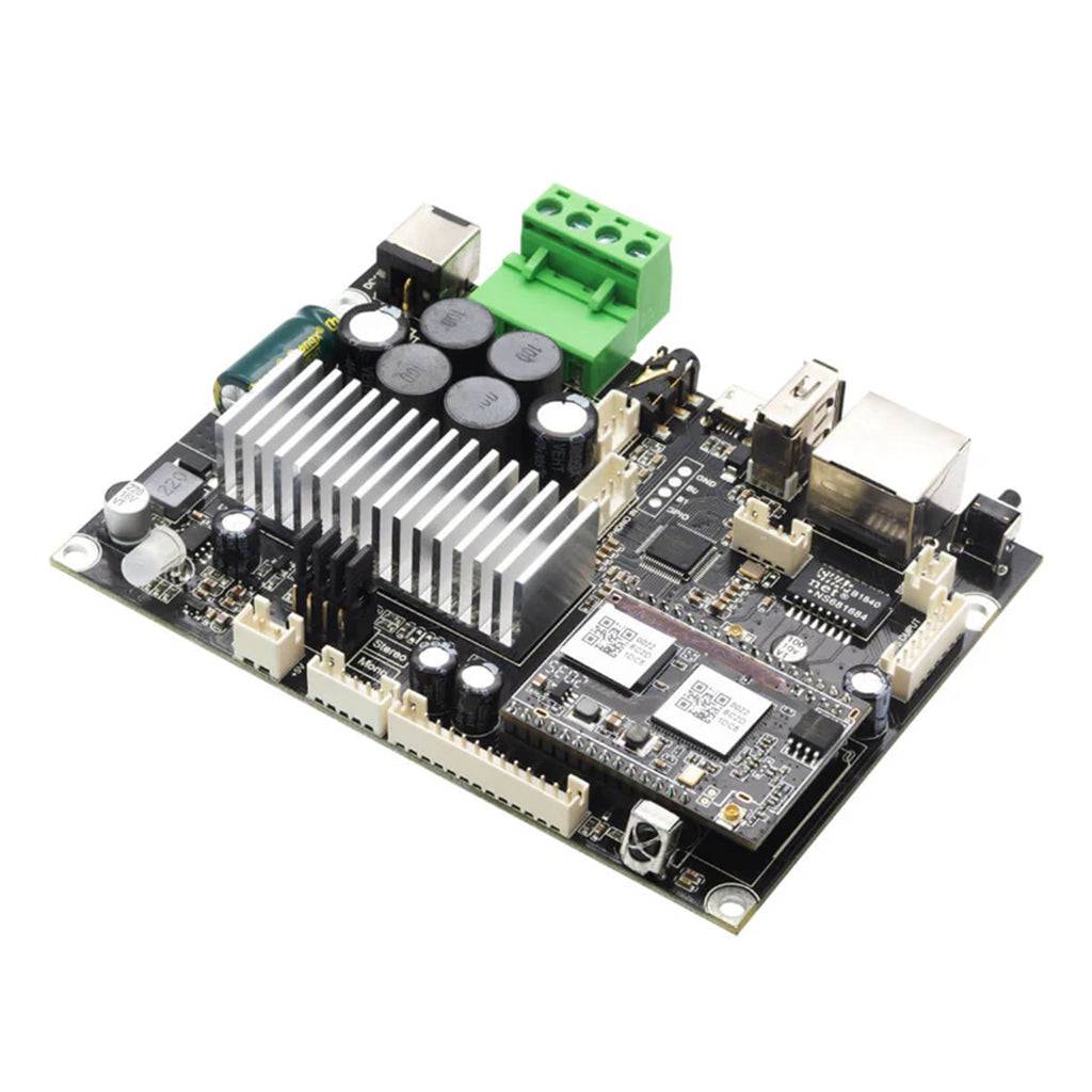 Up2Stream AMP v4 multiroom wireless streaming stereo amplifier board with heatsink and terminal connectors for DIY audio projects.