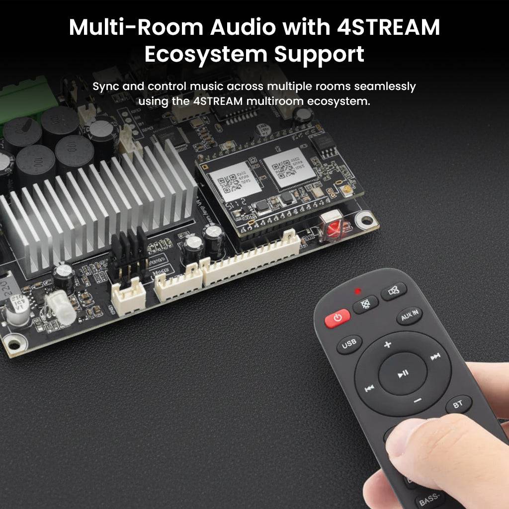 Up2Stream AMP v4 stereo amplifier board with 4STREAM multiroom audio support shown with remote control for seamless syncing.