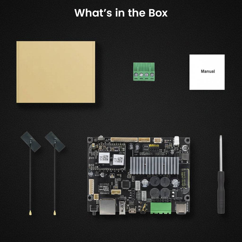 Up2Stream AMP v4 amplifier board package contents including antennas, manual, screwdriver, and acrylic case components.