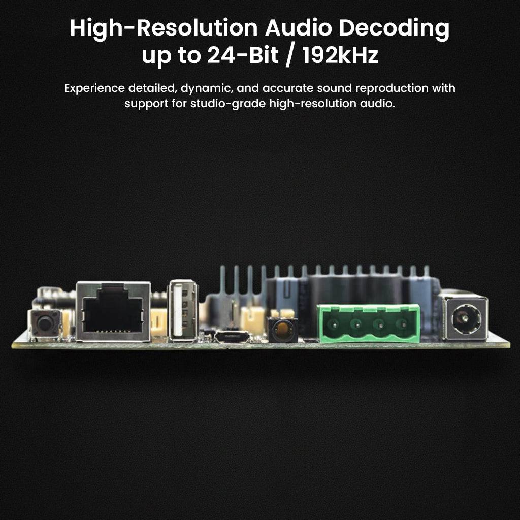 Up2Stream AMP v4 supports high-resolution audio decoding up to 24-bit/192kHz for studio-grade sound reproduction.