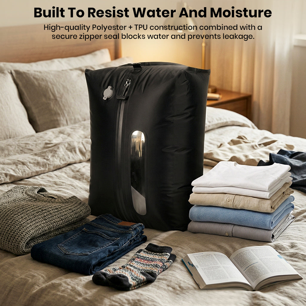 TECPHILE waterproof vacuum storage bag on bed with folded clothes