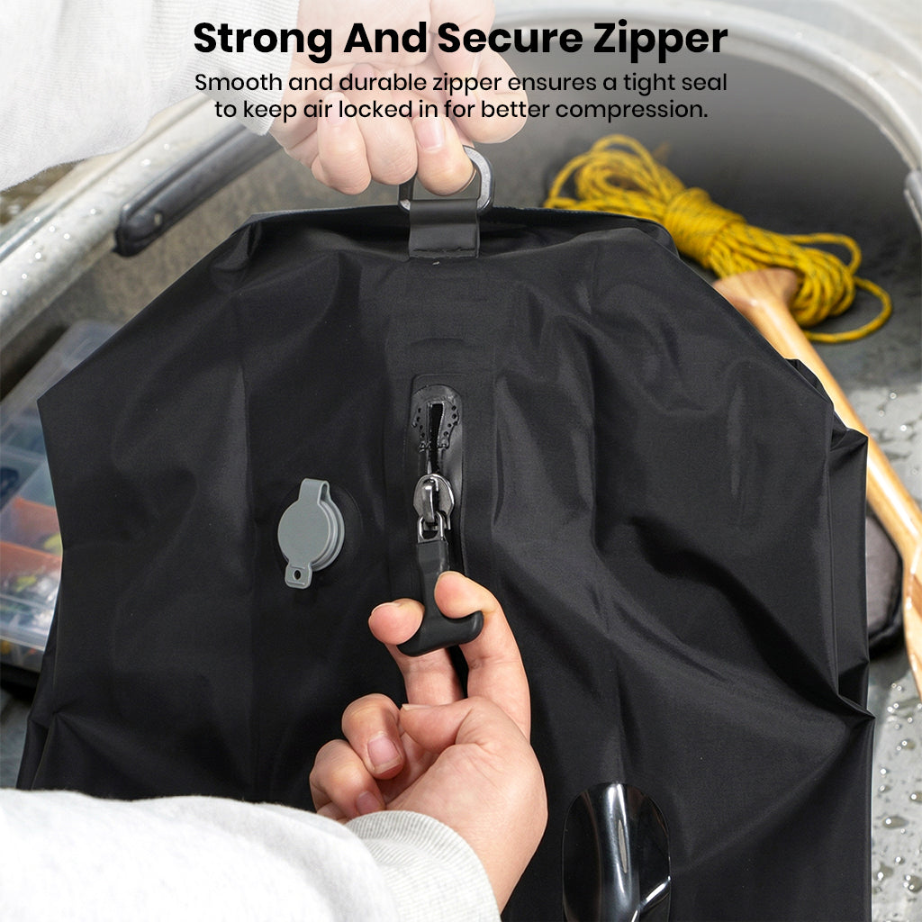 Vacuum storage bag with secure zipper and air valve for travel and home organization