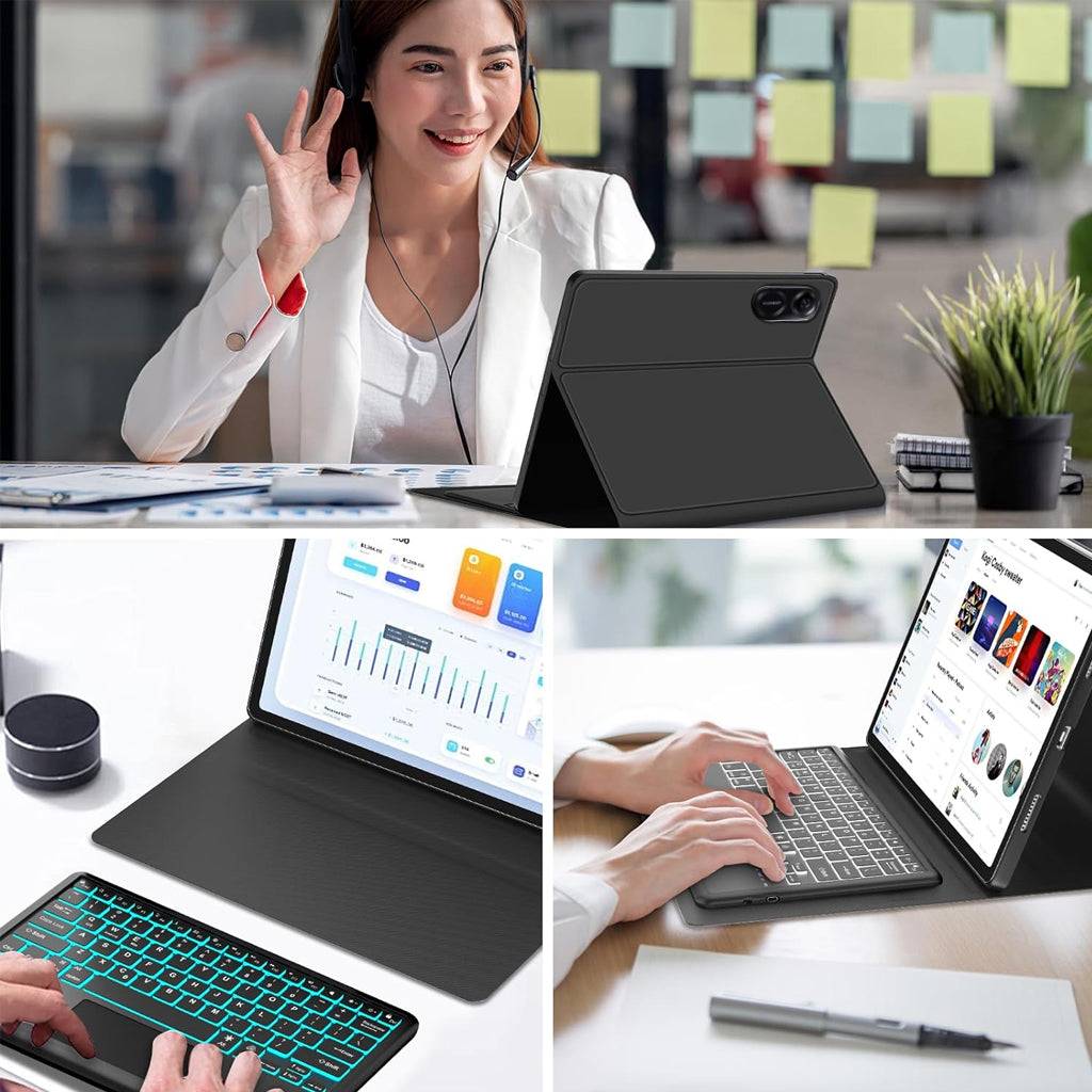 TECPHILE RY812 keyboard case in use for video calls, data analysis, and browsing, ideal for work-from-home and office setups.