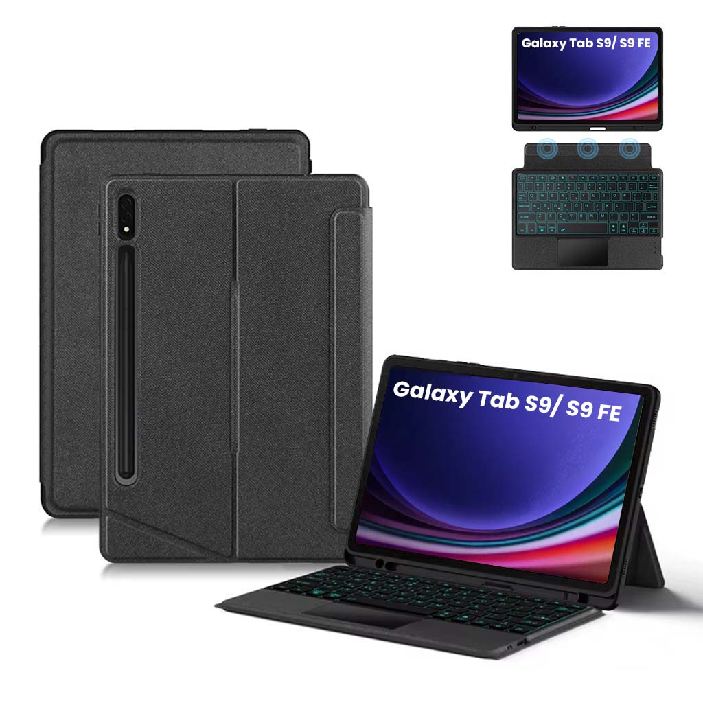 YJ-S9 Keyboard Case for Samsung Galaxy Tab S9 11 and S9 FE 10.9 inch with detachable Bluetooth keyboard, RGB backlight, and trackpad.