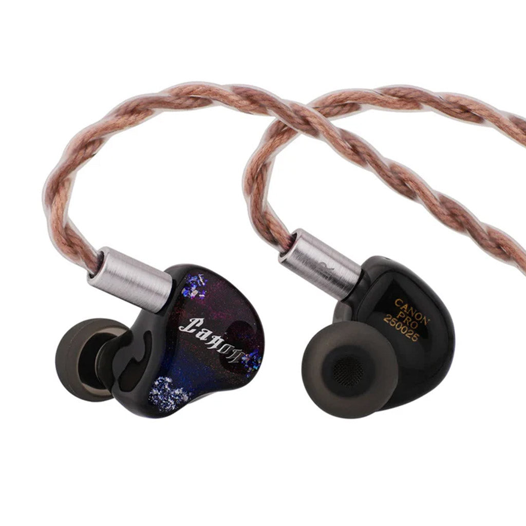 Yanyin Canon II Hybrid In Ear Monitors featuring 1DD+6BA driver setup, shown with detachable cable and custom faceplate design.