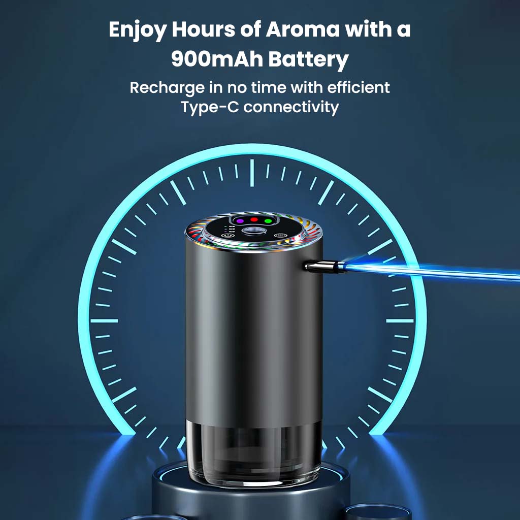 Z11-B Car Air Freshener Diffuser charging via Type-C with 900mAh battery for extended aroma diffusion in vehicles.
