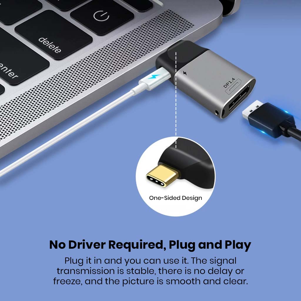 TECPHILE Type-C to DisplayPort 1.4 + 100W PD Adapter plugged into a laptop, showing plug-and-play functionality with stable signal transmission.