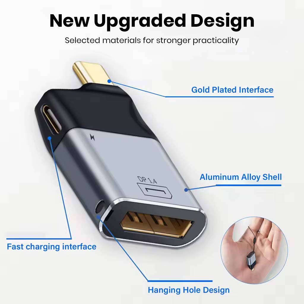 Close-up of TECPHILE Type-C Adapter highlighting upgraded design with aluminum shell, gold-plated interface, and fast charging port.