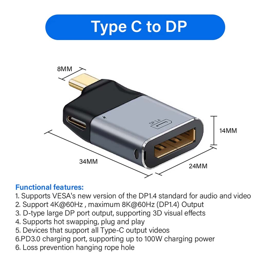 TECPHILE Type-C to DisplayPort 1.4 Adapter with dimensions and features like 8K@60Hz support, hot swapping, and 100W PD charging compatibility.