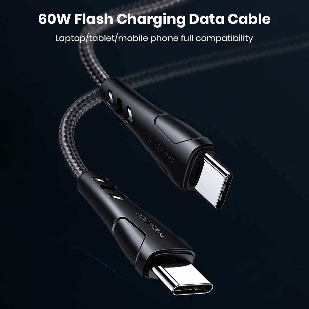 Close-up of Mcdodo 60W flash charging Type-C cable, supporting high-speed charging for laptops, tablets, and smartphones.