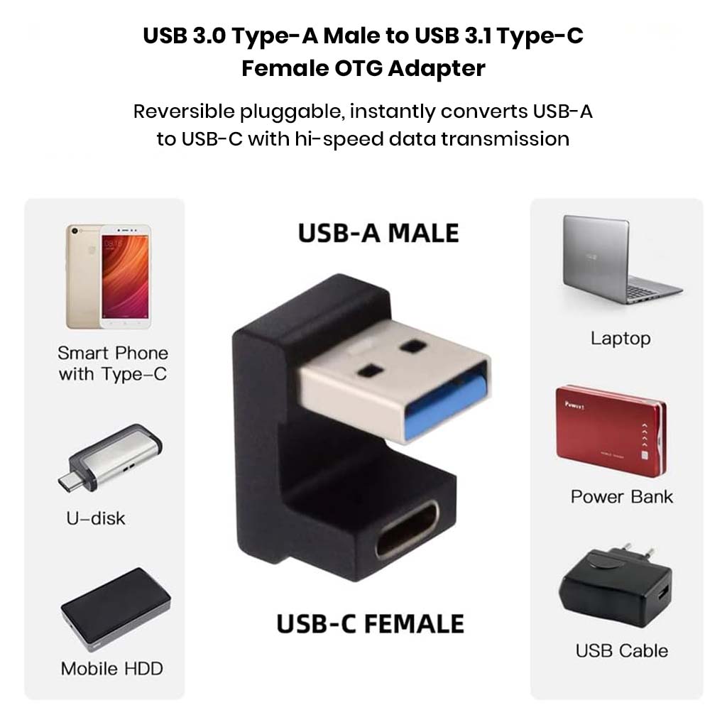 TECPHILE USB 3.1 Type-C to USB-A Adapter supports OTG, fast charging, and high-speed data transfer for smartphones, laptops, and power banks.