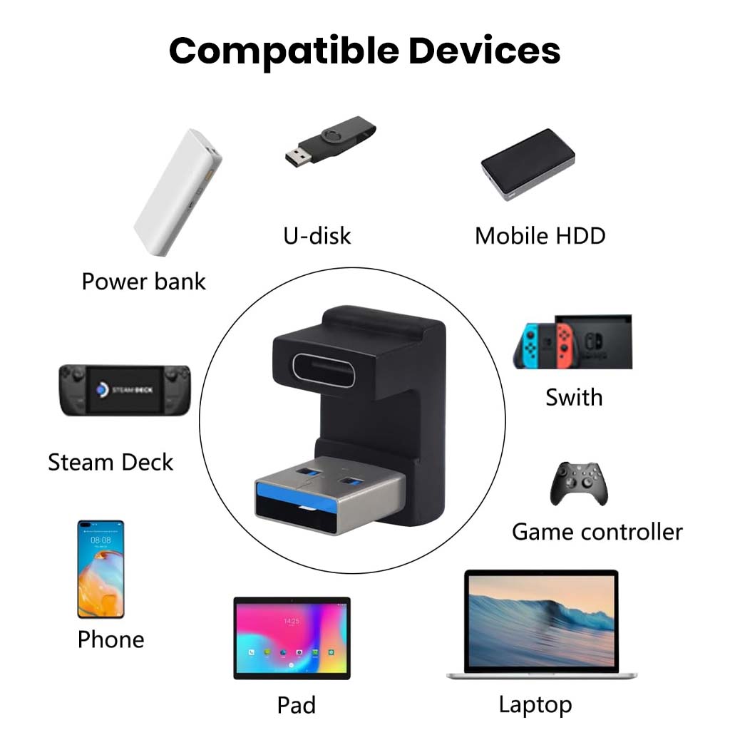TECPHILE U-Shaped USB-C to USB-A Adapter compatible with phones, tablets, laptops, gaming consoles, and external storage devices.
