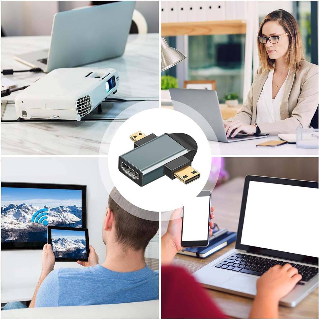 TECPHILE HDMI adapter used in various scenarios like office work, home entertainment, and video projection for universal connectivity.