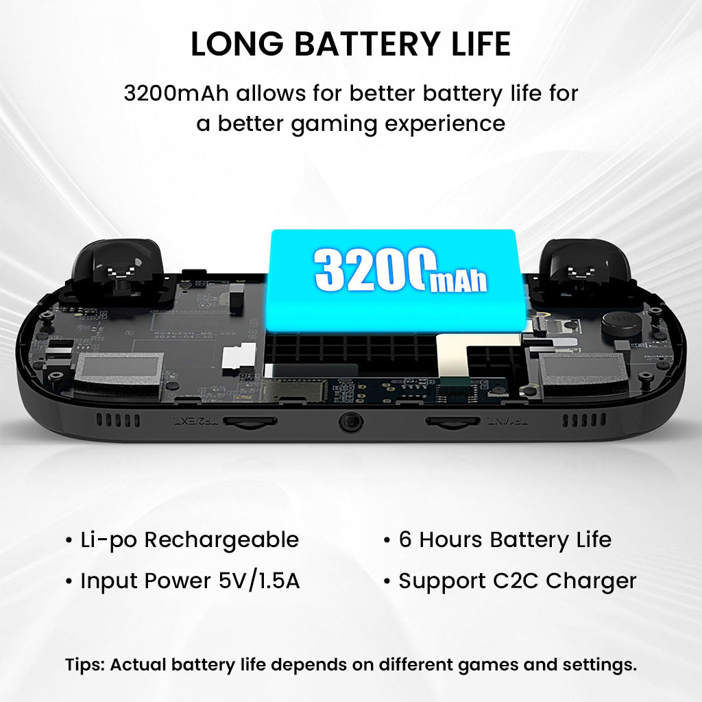 ANBERNIC RG40XX H features 3200mAh battery, 6-hour playtime, and USB-C charging for extended handheld gaming sessions.