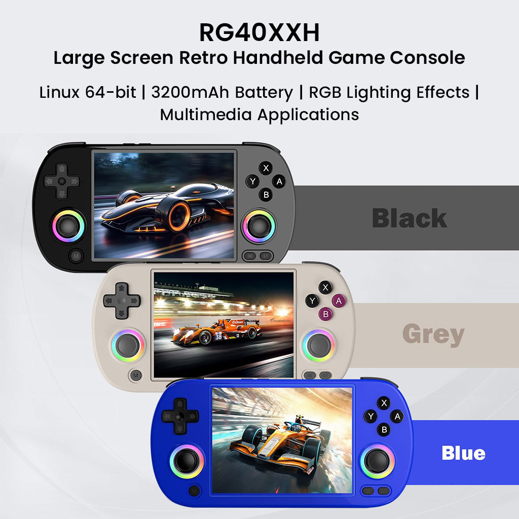 ANBERNIC RG40XX H available in black, grey, and blue with RGB lighting, 3200mAh battery, and multimedia support for retro gaming.