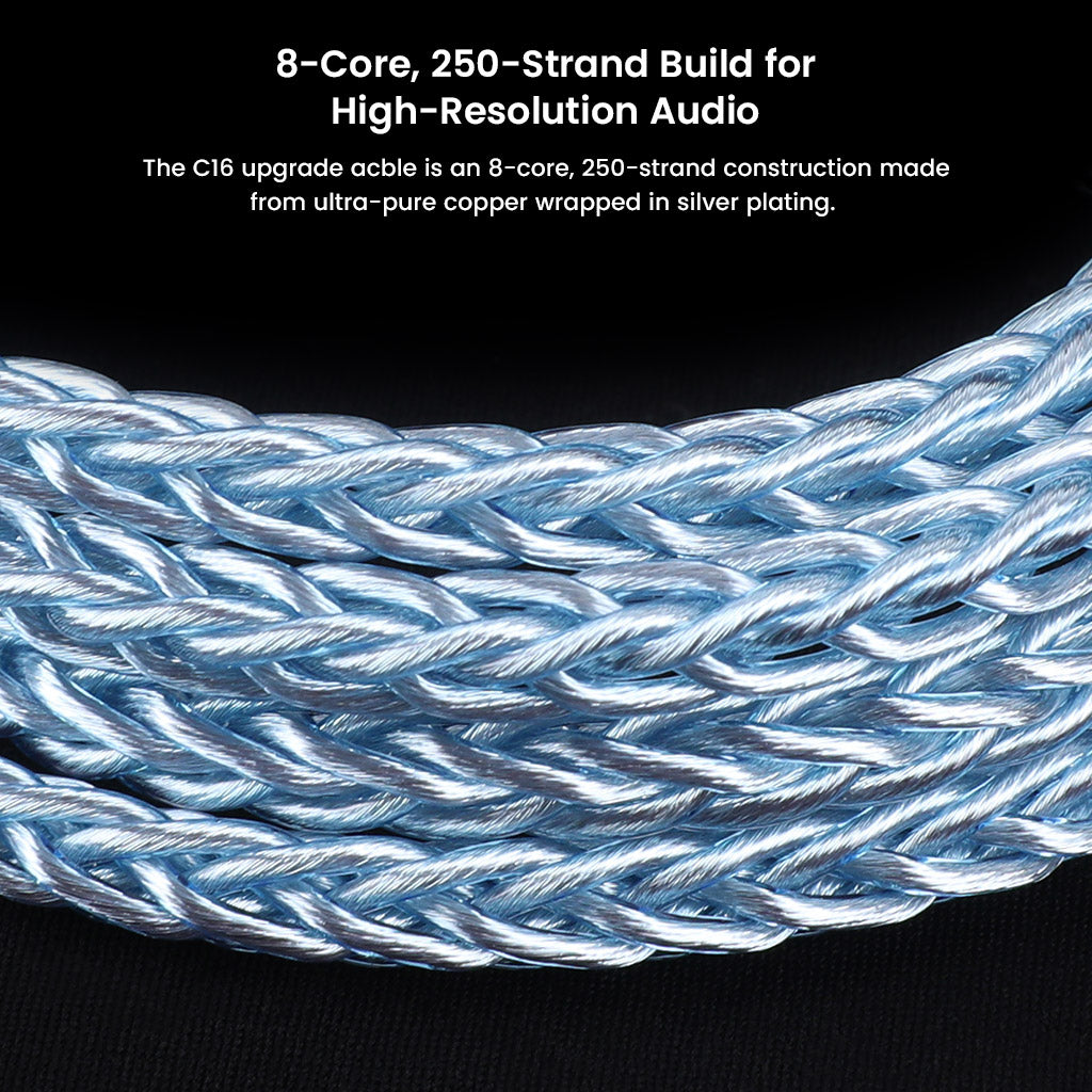 Close-up of AUDIOCULAR C16 IEM Cable showing 8-core, 250-strand silver-plated copper build for high-resolution audio clarity and durability.