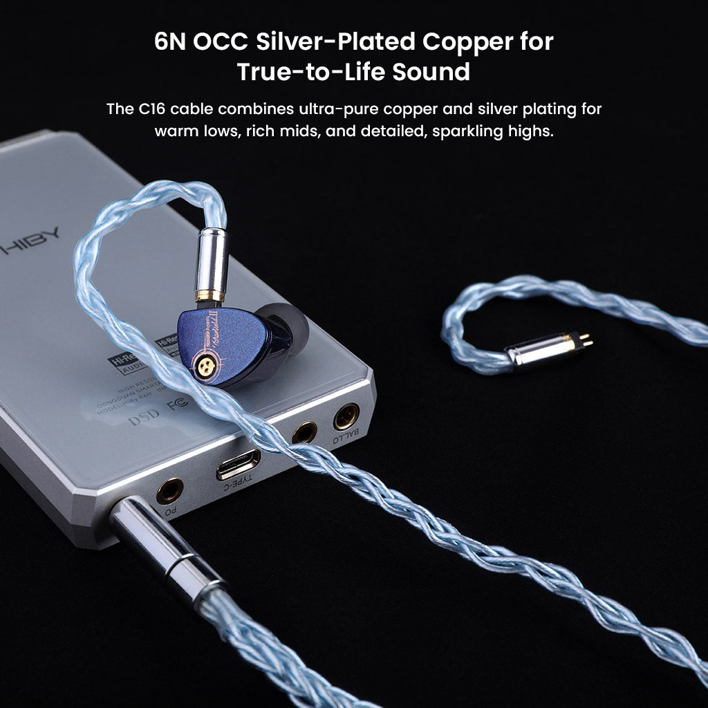 AUDIOCULAR C16 IEM Cable connected to a music player, highlighting 6N OCC silver-plated copper for rich mids and sparkling highs.