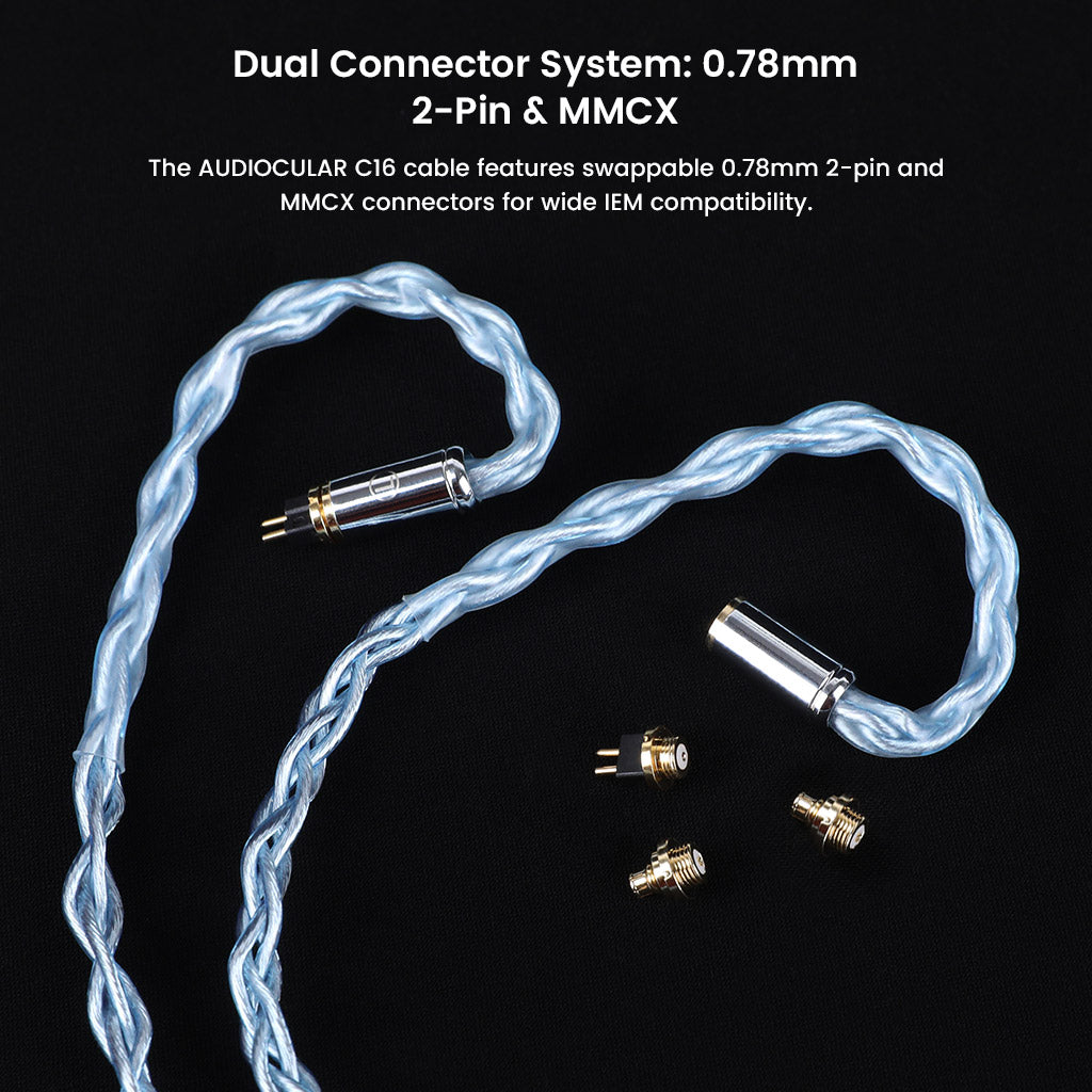 Swappable 0.78mm 2-pin and MMCX connectors on AUDIOCULAR C16 IEM Cable for wide compatibility with various in-ear monitors.